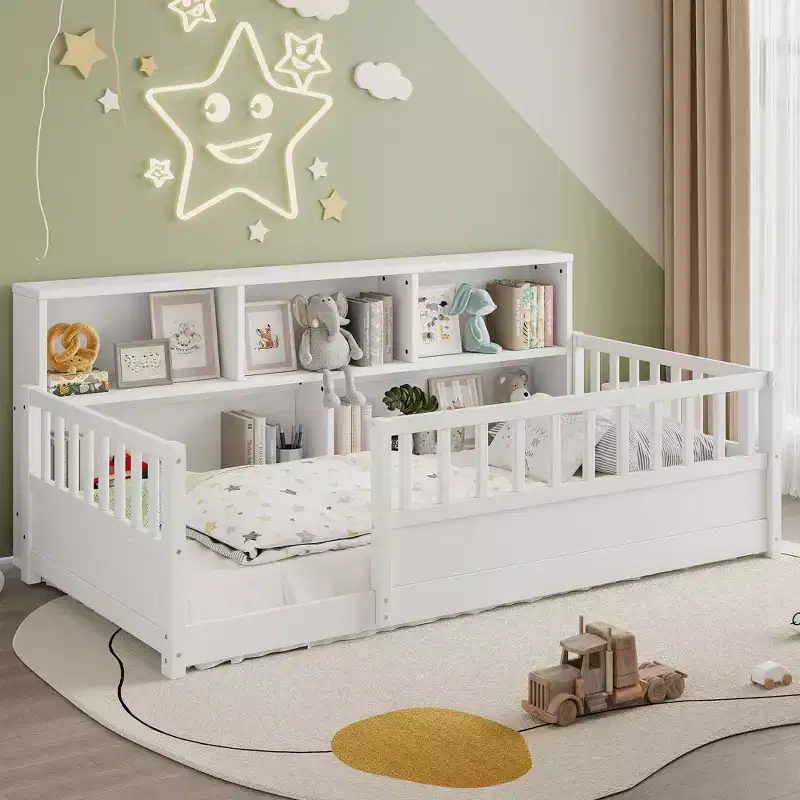 Twin Size Floor Bed with Fence Guardrail and Side Storage, Wooden Kids Montessori Bed, White