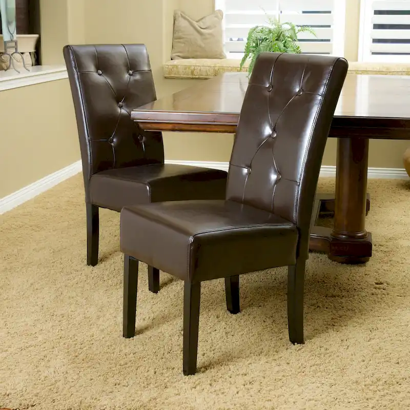 Brown Bonded Leather Dining Chair Set of 2 | Walnut Wood Legs | Modern Style