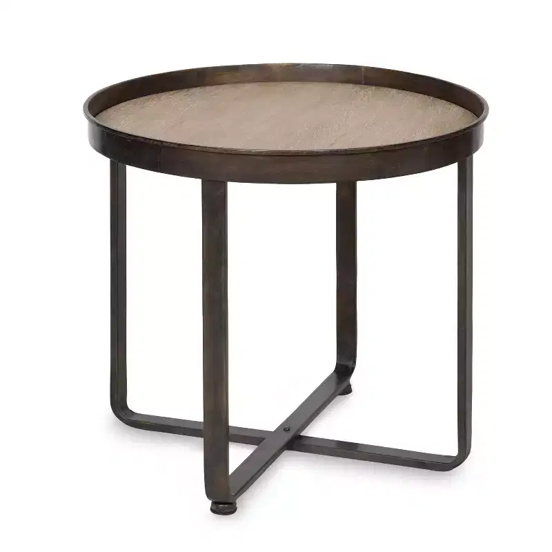 Round Industrial End Table – White Oak Top, Metal X-Frame, 22.5