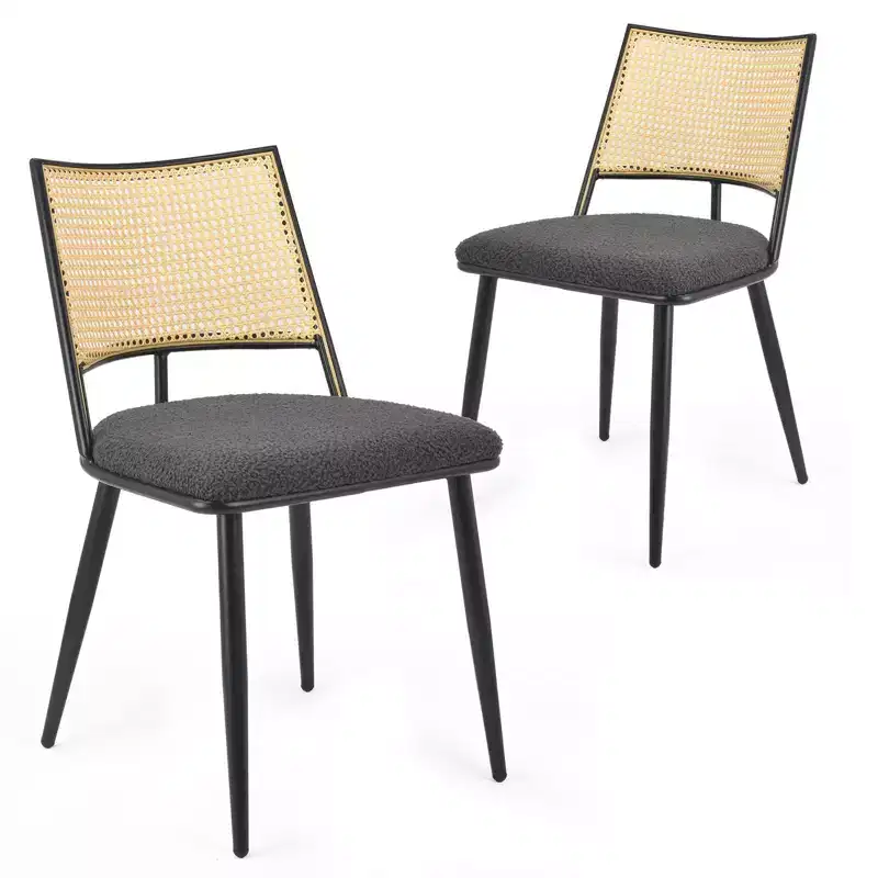 TUYOHW Metal Frame Dining Chairs Set of 2 with Rattan Backrest,Boucle Kitchen & Dining Room Chairs with Adjustable Feet for Living Room