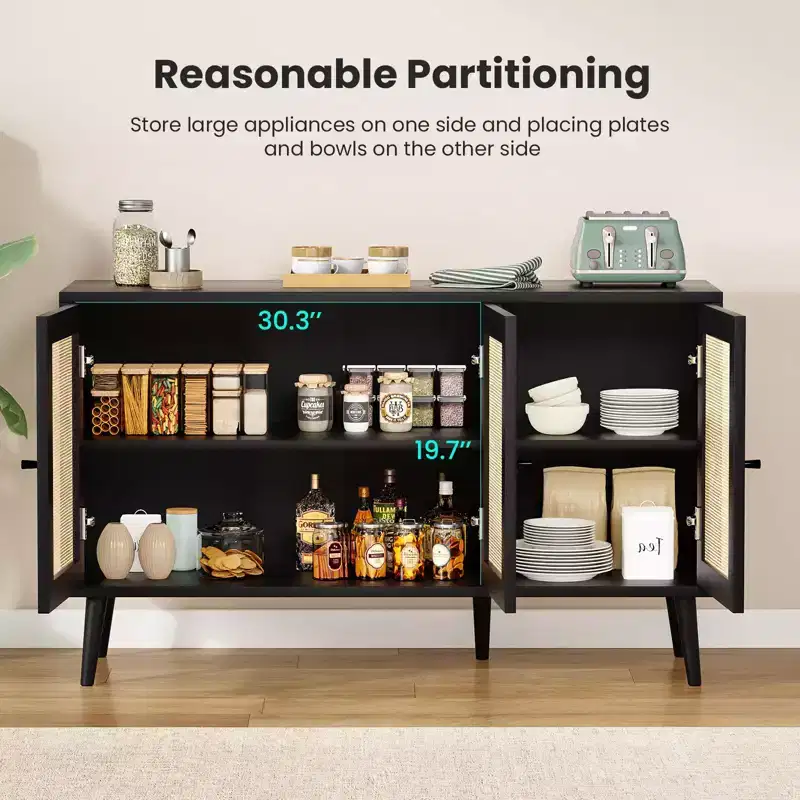Sideboard Buffet Cabinet with 3 Rattan Doors & Adjustable Shelves – Kitchen Storage