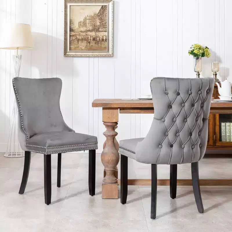 Okak Retro Dining Chairs Set of 2, Comfy Upholstered Wing-Back Chairs with Backstitching Nailhead Trim, Kitchen Chairs with Solid Wood Legs
