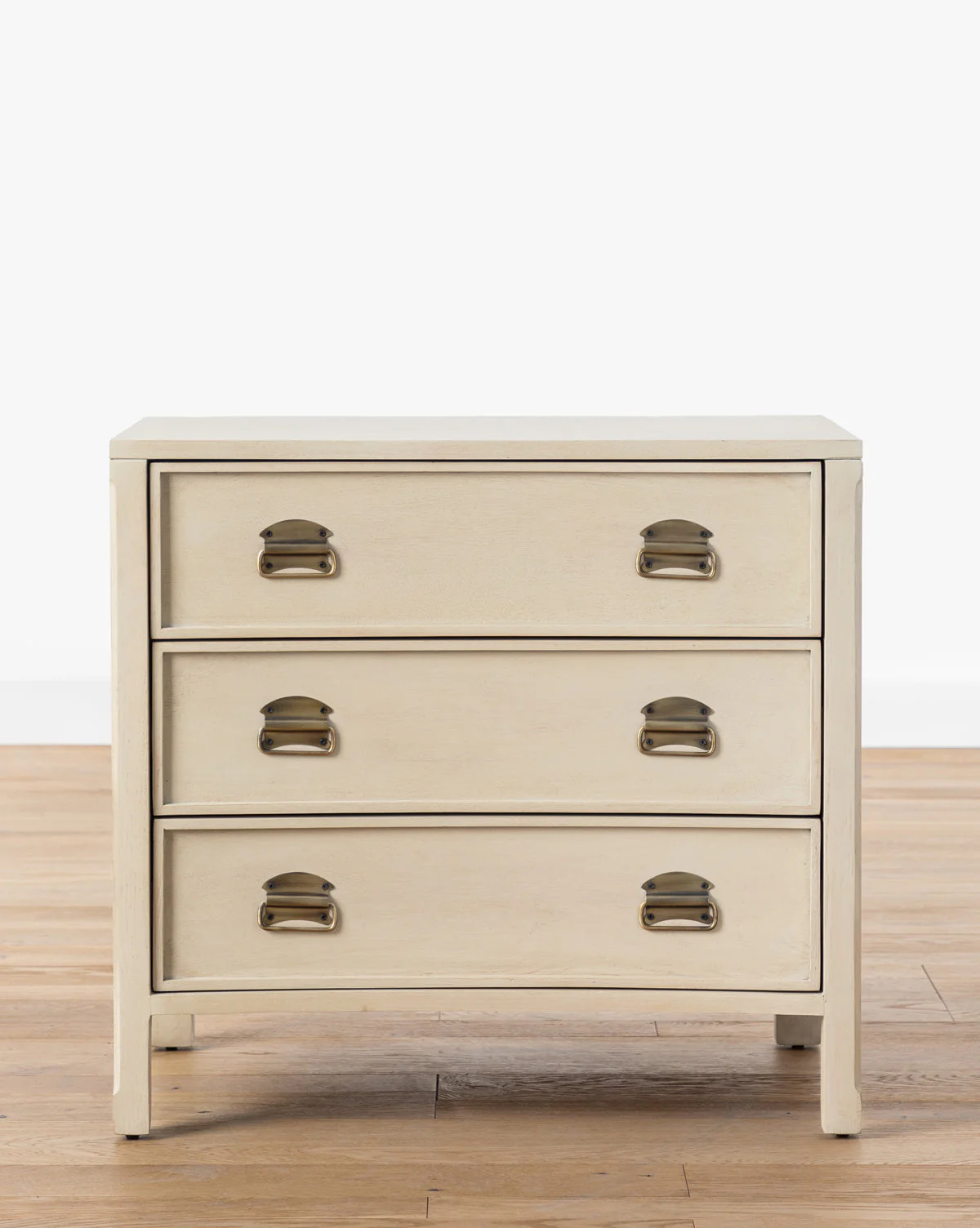 Modern White Oak Nightstand with Curved Front & Brass Pulls for Bedroom