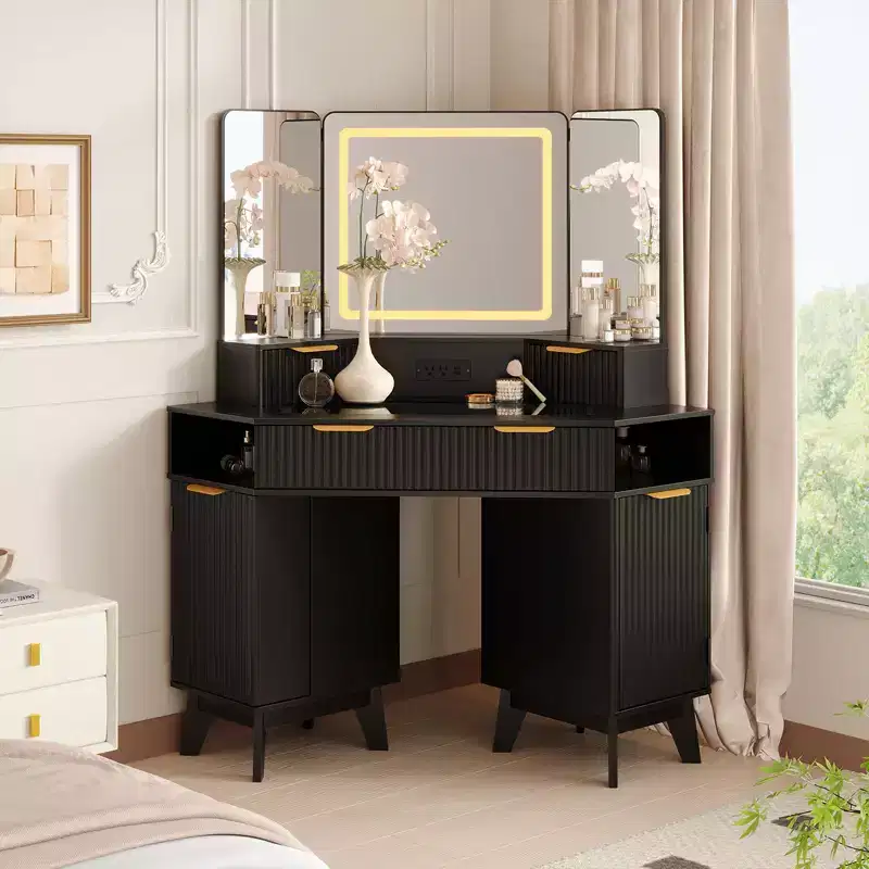 47 Corner Makeup Vanity Desk with Mirror and Light, Wooden Dressing Table with Glass Top & Charging Station, Makeup Vanity Table for Bedroom