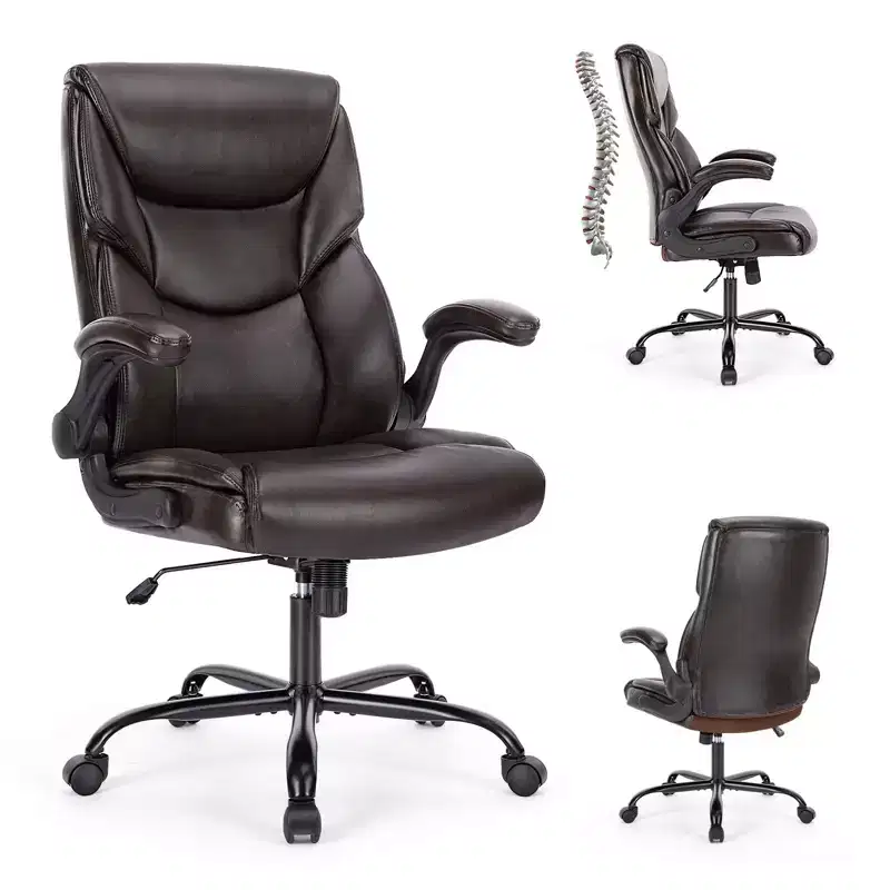 Black PU Leather Office Chair with Flip-up Armrests & Lumbar Support – 1 Person