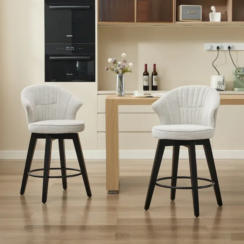 White / Blue / Dark Grey Swivel Bar Stools, Set of 2, Chenille Cushioned Counter Height Chairs with Metal Legs