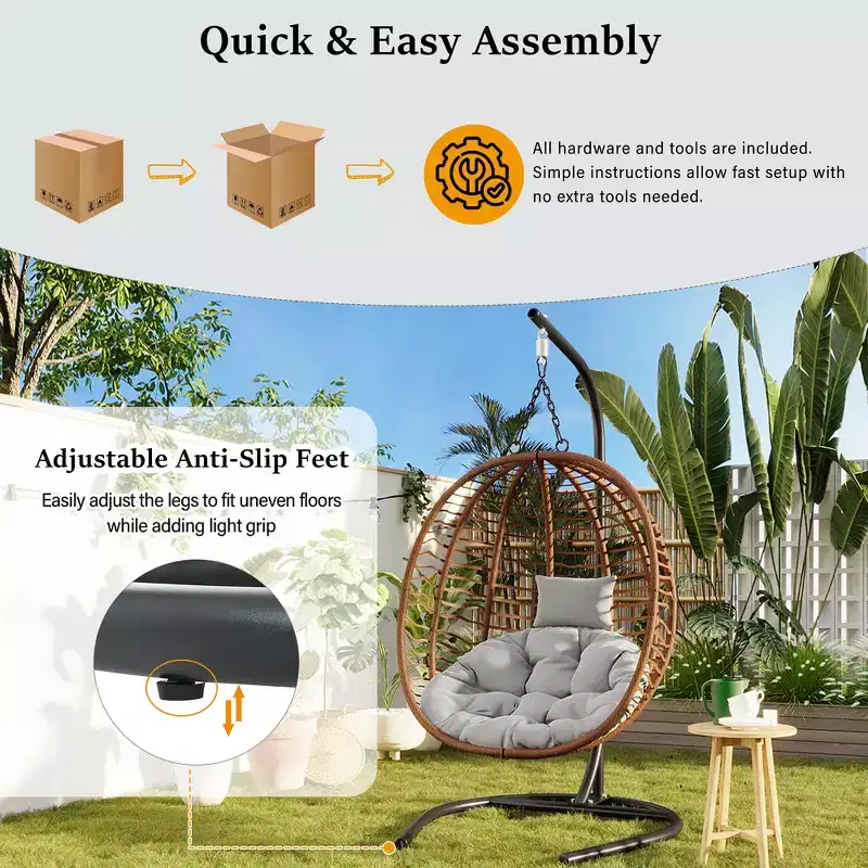 Whisen Single Person Folding Egg Chair with Stand, Hammock Swing Chair with Adjustable Anti-Slip Feet