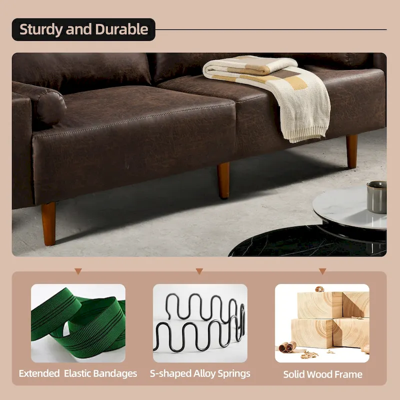 Mid-Century Modern Upholstered Sofa Couch with Rolled Pillows