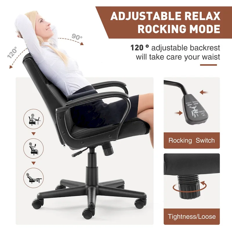 Adjustable Office Chair with Padded Armrests and PU Leather Seat