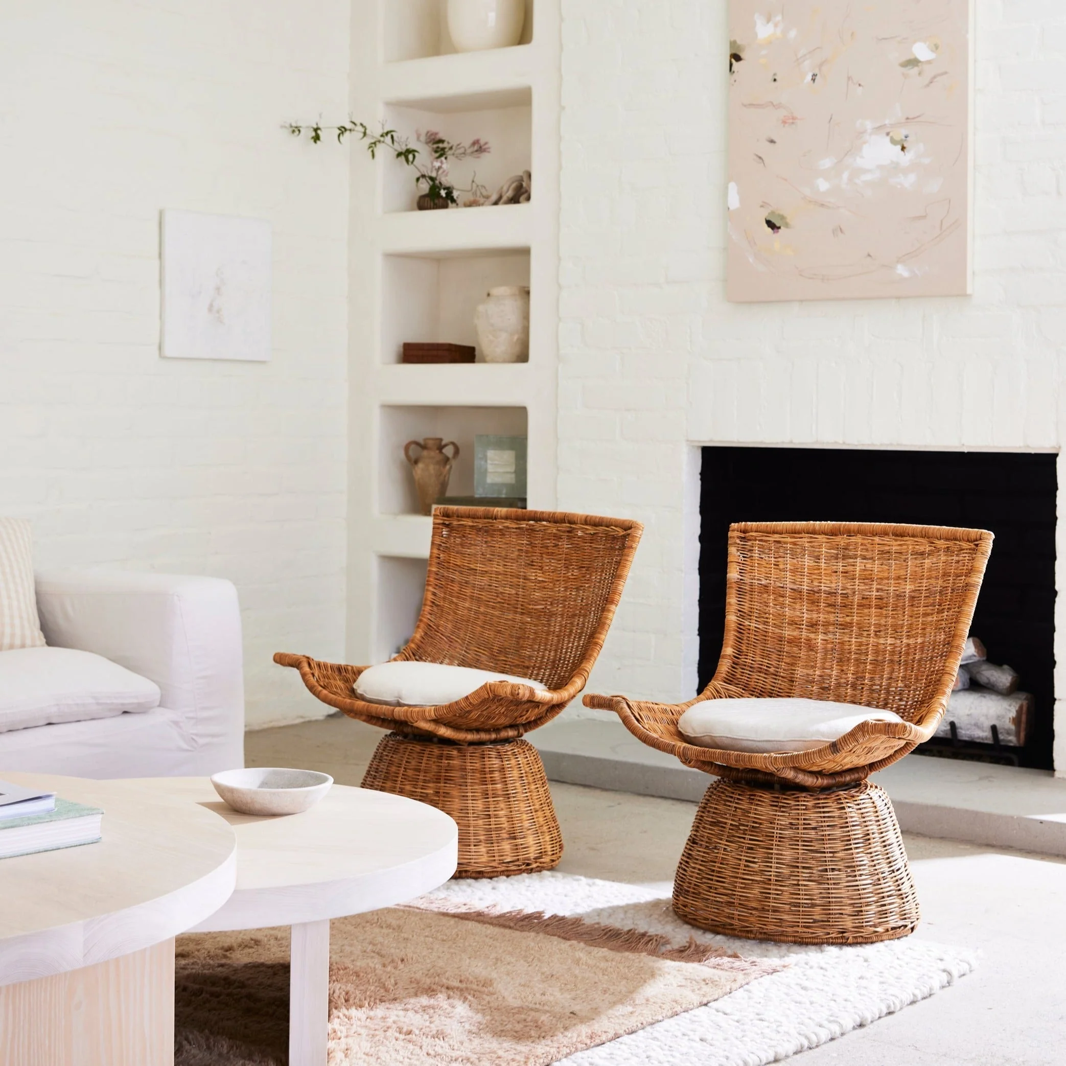 Mid-Century Modern Handwoven Rattan & Linen Small Swivel Chair with Compact Scale for Bedroom or Study