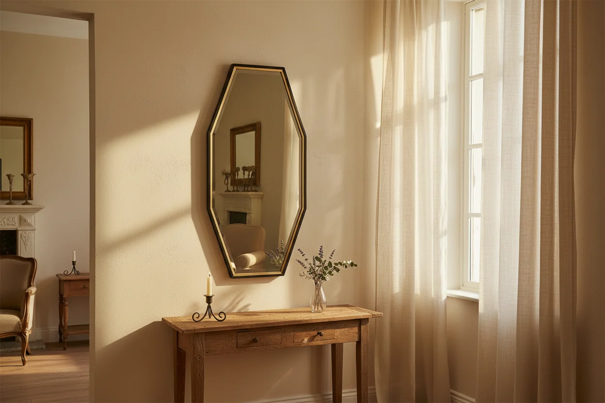 Vanity Accent Wall Mirror Modern Beveled Dark Espresso Gold Leaf Wood Frame 24 Wide for Bathroom Bedroom Living Room