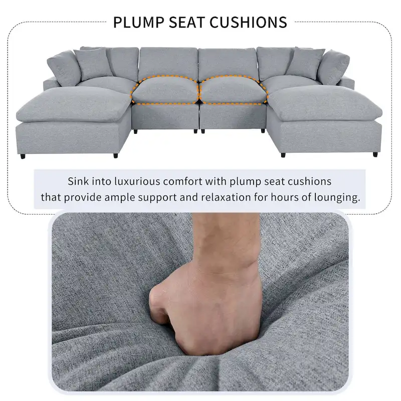 134.40 Modern U-Shaped 6 Seater Sectional Sofa with 2 Large Chaises, Removable Ottomans and Soft Cushions