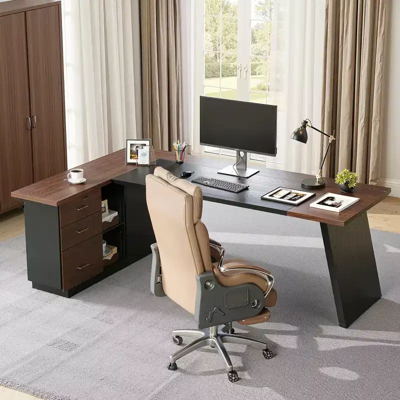 MAYEERTY L-Shaped Desk with Mobile Filing Cabinet, Heavy-Duty Metal Frame & 1.2-Inch Compressed Board