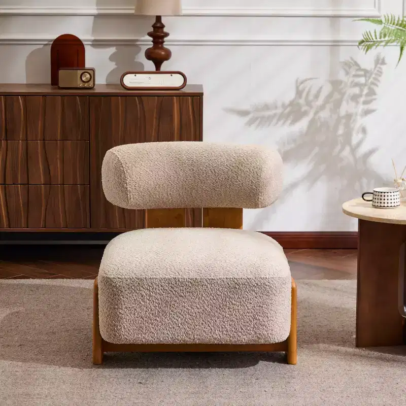 Contemporary Rubberwood Boucle Accent Chair