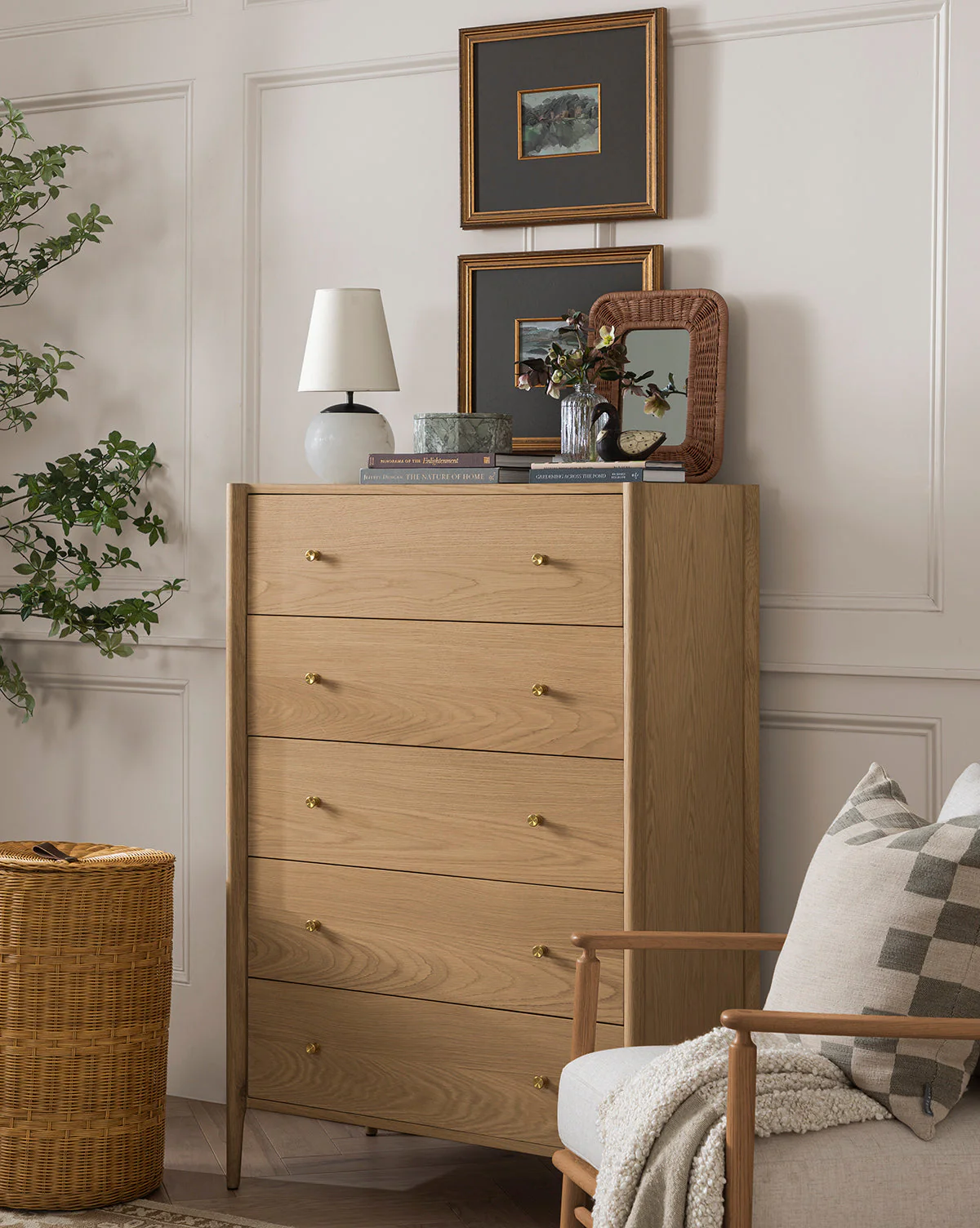 Tallboy Dresser with Five Drawers & Brass Hardware for Bedroom