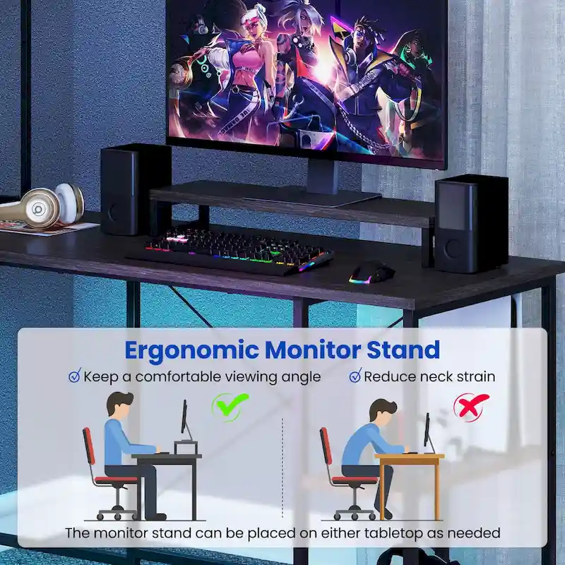 L-Shaped Gaming Desk with LED Strip & Power Outlets