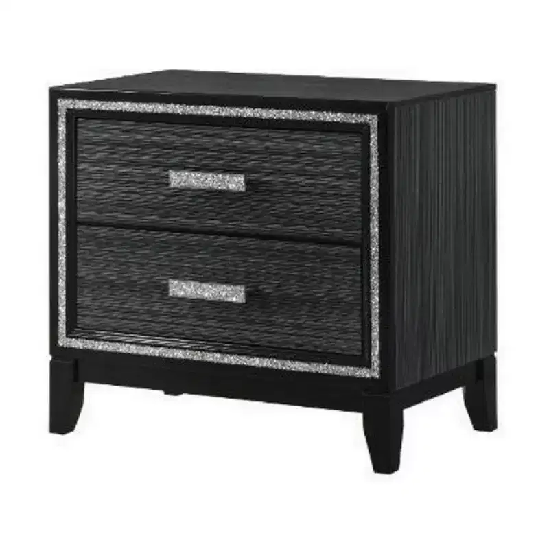 Nightstand with 2 Drawers and Shimmery Silver Trim, Black, Contemporary Style