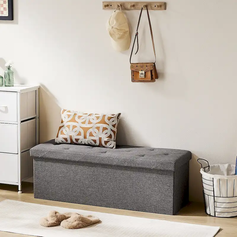 Stool Cushion Seat Rectangular Chair Foot Lounge Box, Gray, Large Size For Living Room/entrance/bedroom Storage Space