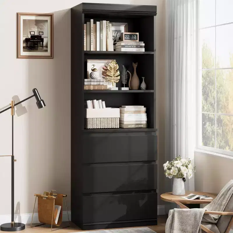 70 Inches Bookcase with Drawers, Tall Bookshelf Farmhouse Bookcases Wooden Deep Bookshelves Storage Cabinet Organizer for Living Room, Study, Kitchen