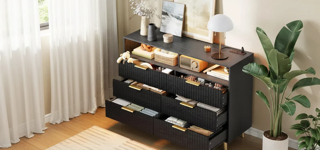 Modern 47.2 Wide 6 Drawers Dresser for Bedroom with LED Lights and Charging Station, Black