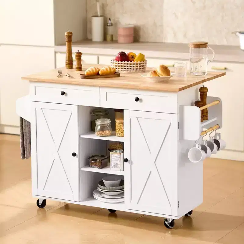 Metal & Solid Wood Top Kitchen Island Cart with Drop Leaf & Drawers 52''W x 35''H White