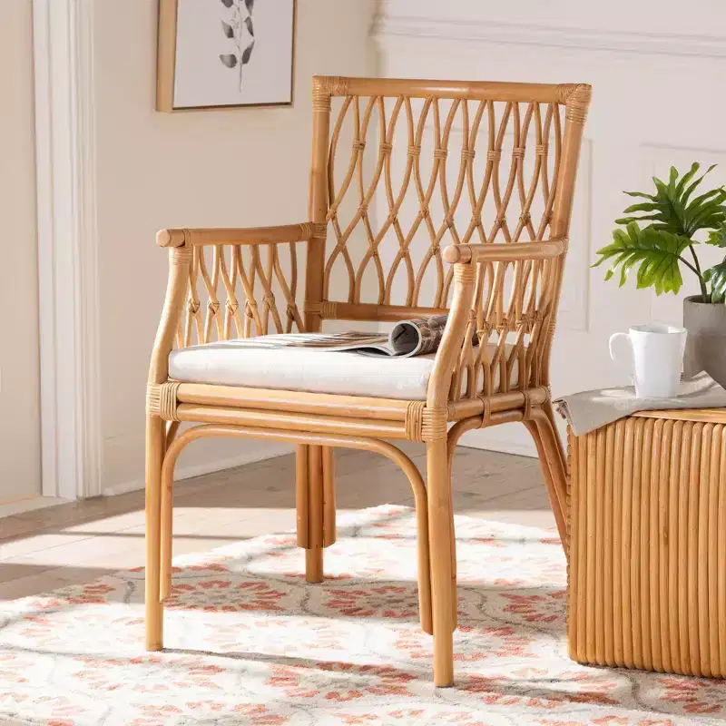 Bohemian Natural Rattan Arm Chair with Removable Cushion, Light Honey