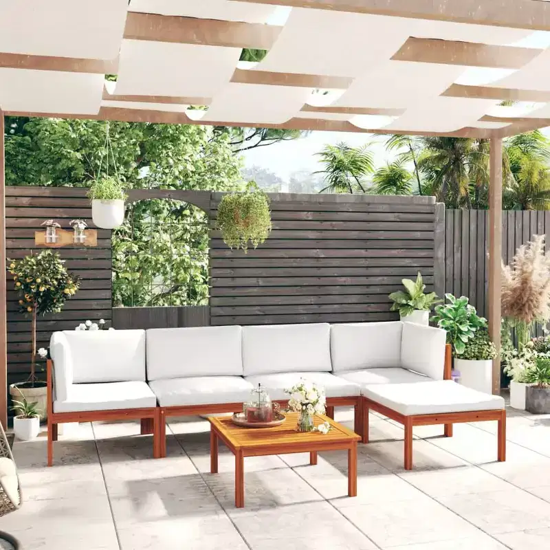 vidaXL 6-Piece Outdoor Lounge Set with Cream Cushions, Acacia Wood Patio Furniture Set, Including Sofas, Table and Footrest