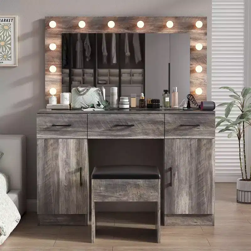 Lighted Vanity Table Set with Mirror, Drawers, and Charging Station
