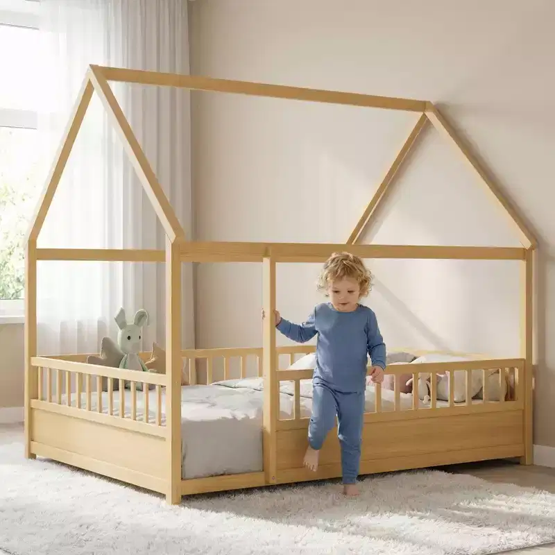 Kids Montessori House Floor Bed Frame with Roof & Safety Guardrails  Full Size Solid Pine Wood Kids Bed, Natural Finish