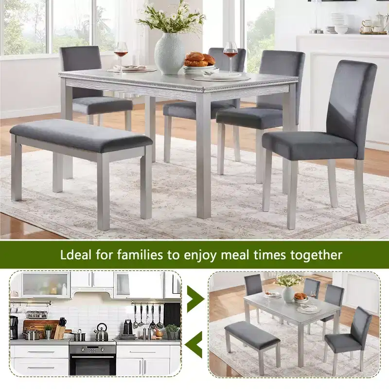 6 Piece Wooden Dining Table with 4 Upholstered Chairs and Bench for 6 People, Rectangular Dining Table Set with Crystal Decoration