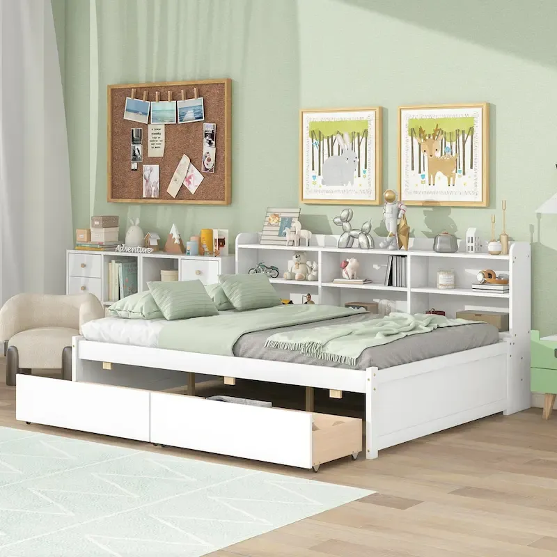 Full Bed with Side Bookcase Drawers