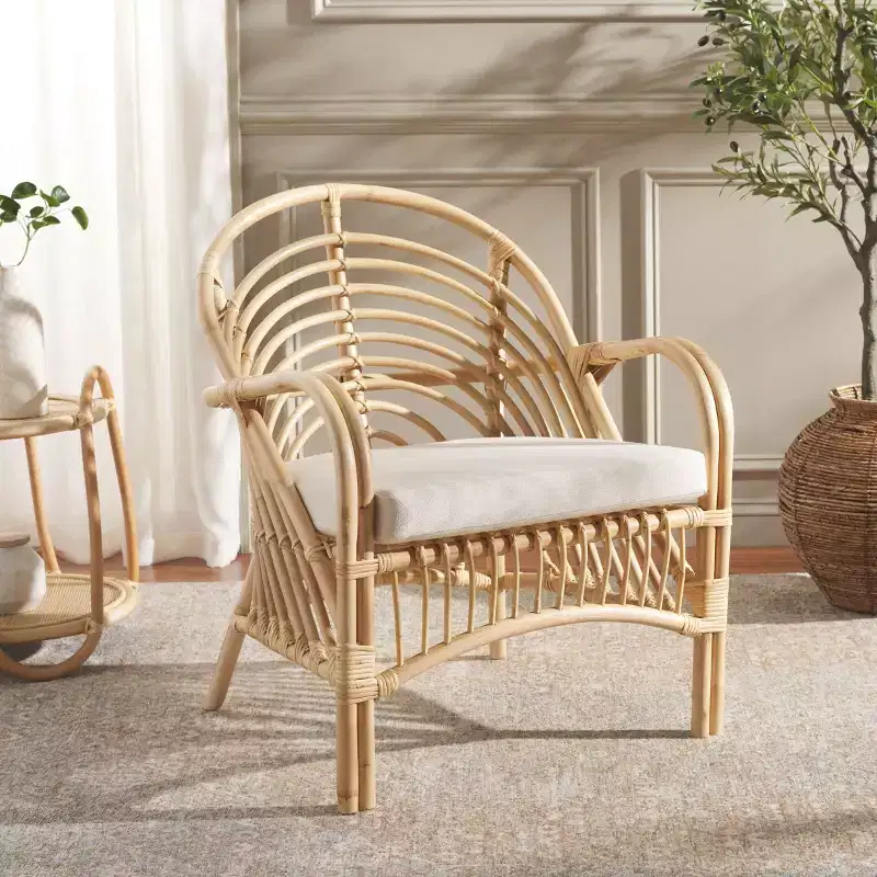Rattan Accent Chair with Removable Cushion & Wood Frame