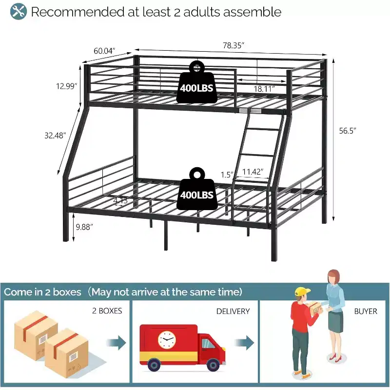 Twin Over Full Bunk Bed with Stairs, Flat Rungs, Heavy Duty Metal Slats, No Box Spring Needed, Black