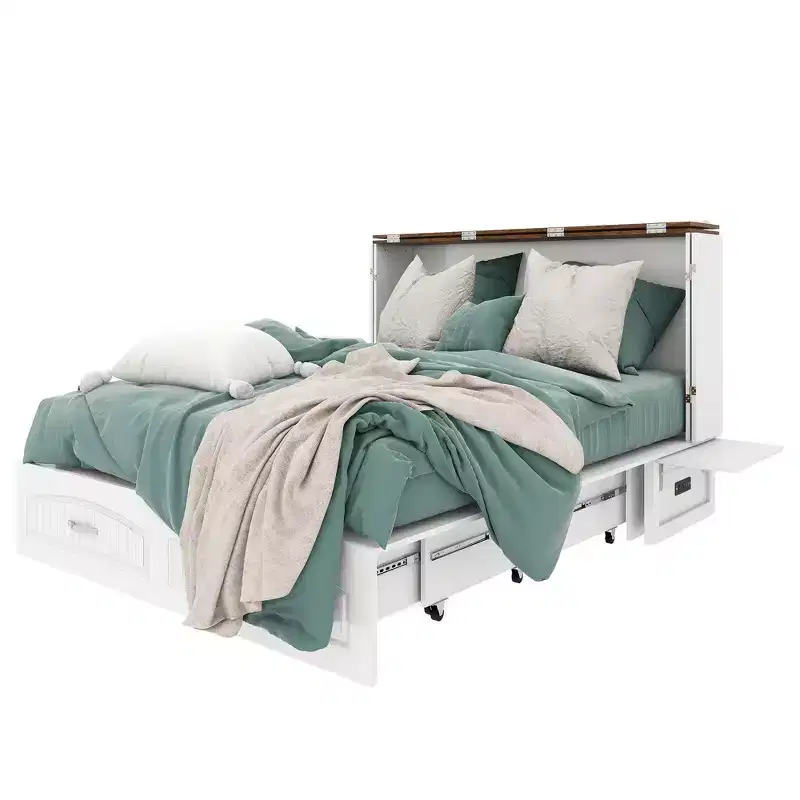 Keloyid White MDF Frame Queen Murphy Bed Cabinet with Charging Station and Storage Drawer