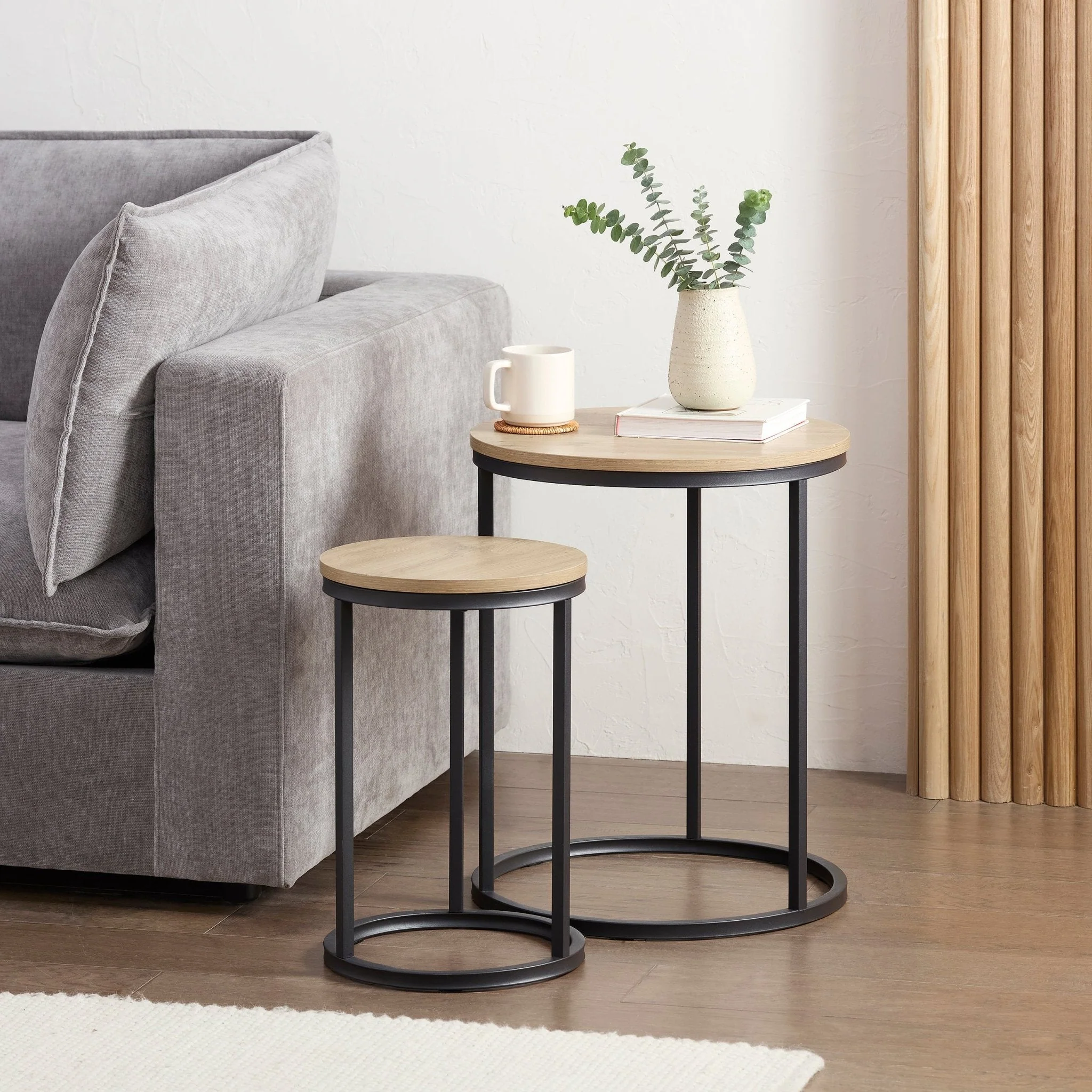 Modern Natural Wood Effect Side Table with Black Metal Legs for Living Room