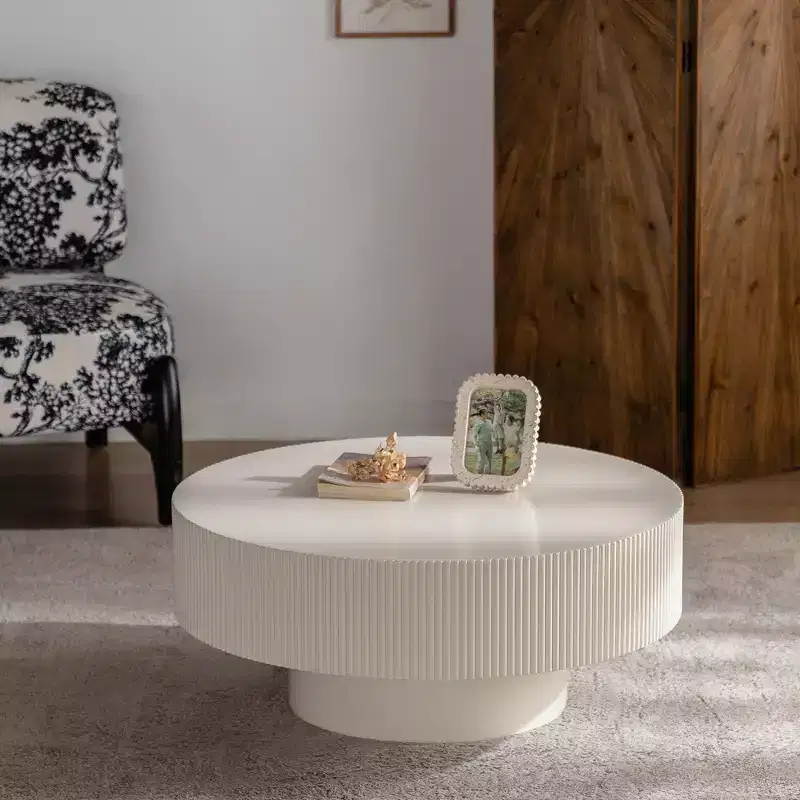 Maxax White Modern Round Coffee Table, 34.25 Wooden Drum Center Table.Contemporary Accent Coffee Table for Living Room, Apartment, Office
