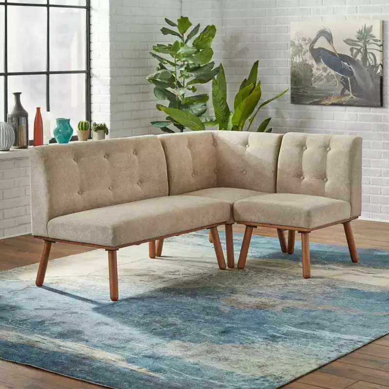 Buylateral 4pc Playmate Mid Century Modern Upholstered Breakfast Nook Dining Set Walnut Versatile Upholstered Furniture, Rubberwood