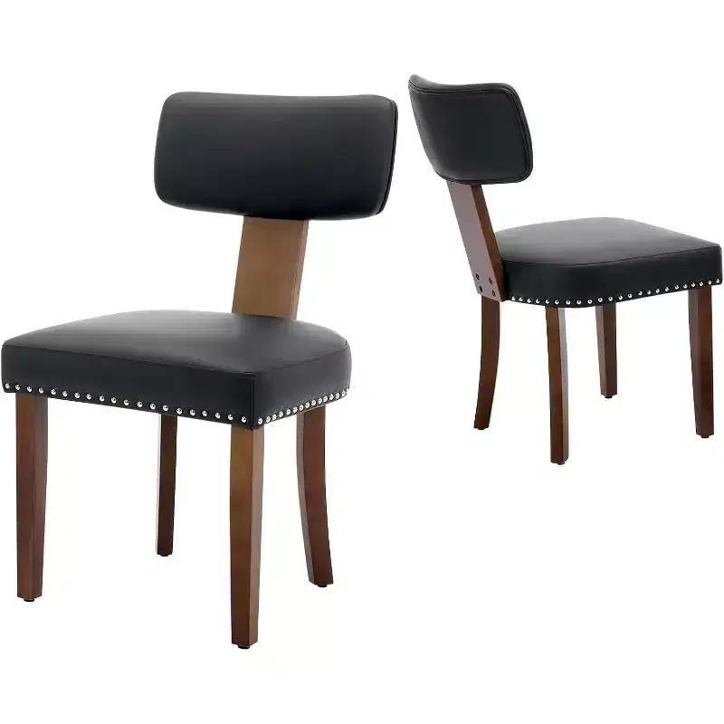 2 sets of dining chairs, modern leather kitchen chairs, with curved backrests, hardwood frame, wooden legs and nail head decoration