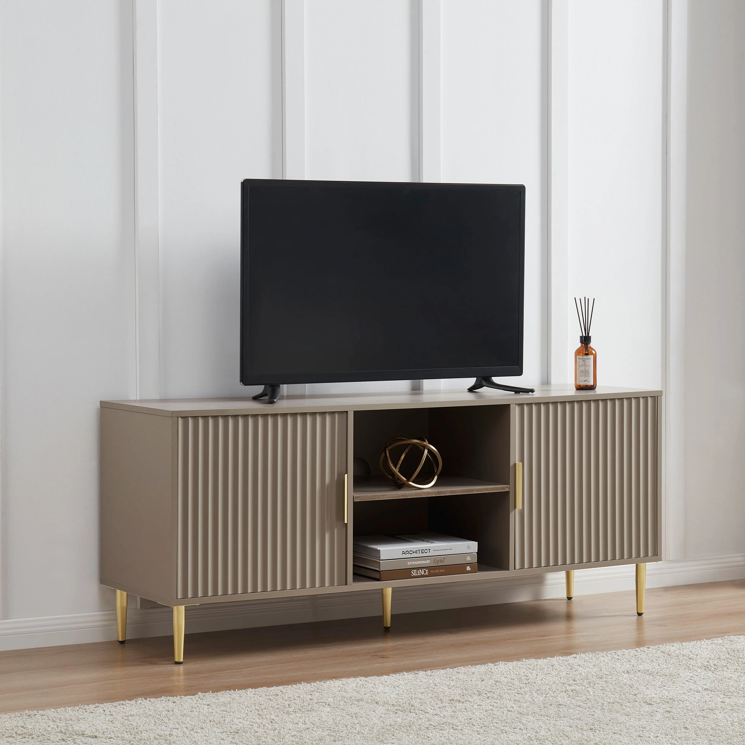 Modern Taupe Painted TV Unit with Gold Accents for TVs up to 65 Inch for Living Room