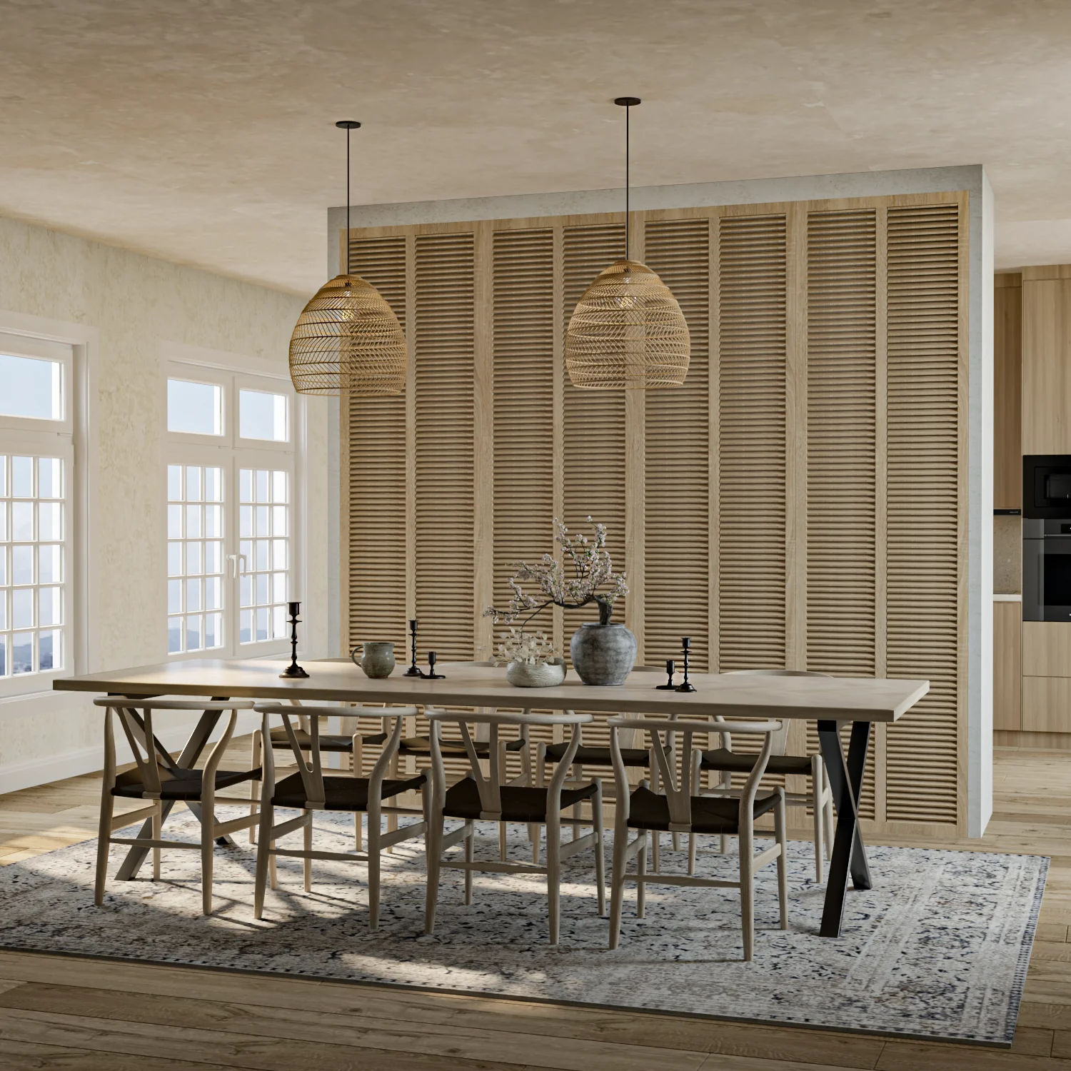 Cotton Herringbone Dining Table - Herringbone dining table made of 15mm solid oak staves assembled with 20mm oak slats on 25mm birch