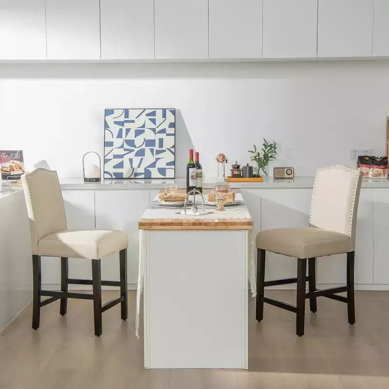 Costway Set of 2 Fabric Barstools Nail Head Trim Counter Height Dining Side Chairs Grey/Beige