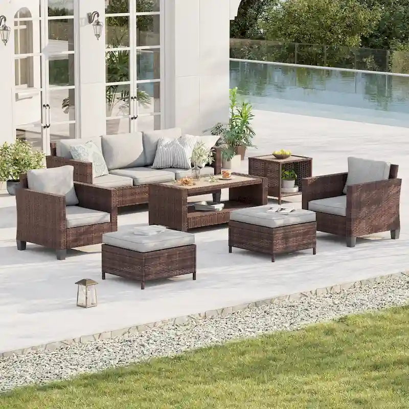 BONOSUKI Patio 7Pcs Furniture Conversation Brown Rattan 2 Side Tables