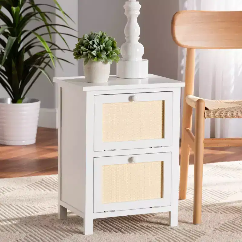Wood Rattan 2-Door Nightstand, White