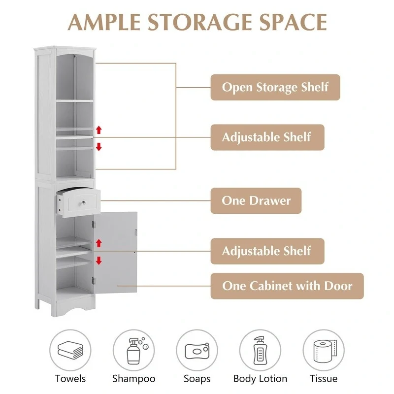 72 Bathroom Tall Cabinet with Drawer and 5 Adjustable Shelves