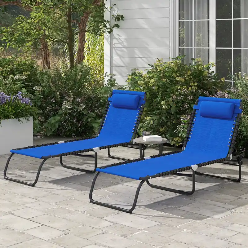 2 Pcs Folding Lounge Chairs, Chaise Lounges With Headrest Blue