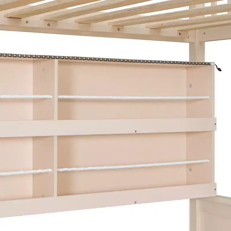 Full Xl Over Queen Low Bunk Bed With Built In Lighted Shelves And Pegboard