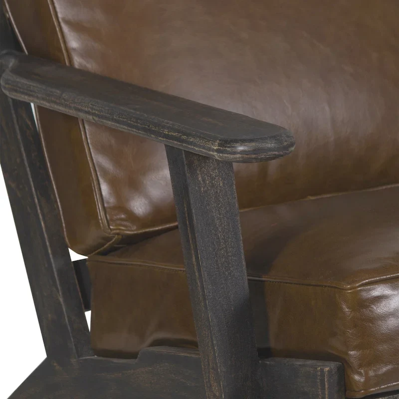 Amber Accent Chair, Handcrafted Slatted Mango Wood, Buffalo Leather Cushions, Angled Legs