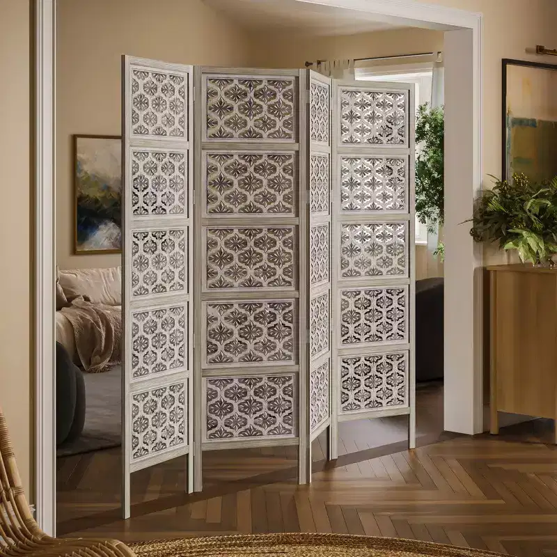 Royal Hampton 4 Panel Folding Room Divider Screen with Floral Carved Design in Mango Wood