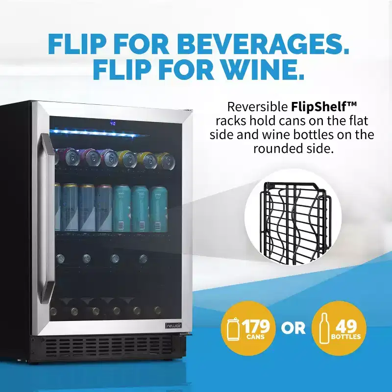 Newair FlipShelf 24 Wine and Beverage Refrigerator 179 Cans or 49 Bottles, Reversible Shelves, Built-in Fridge or Freestanding Drinks and Wine Cooler
