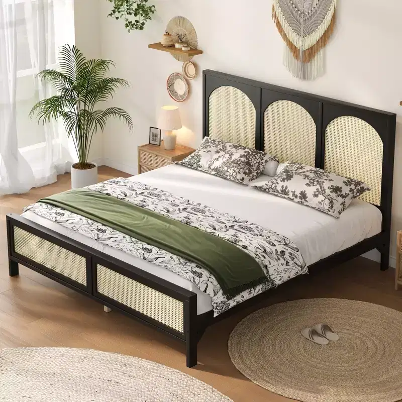 Wood Platform Bed with Rattan Headboard and Footboard